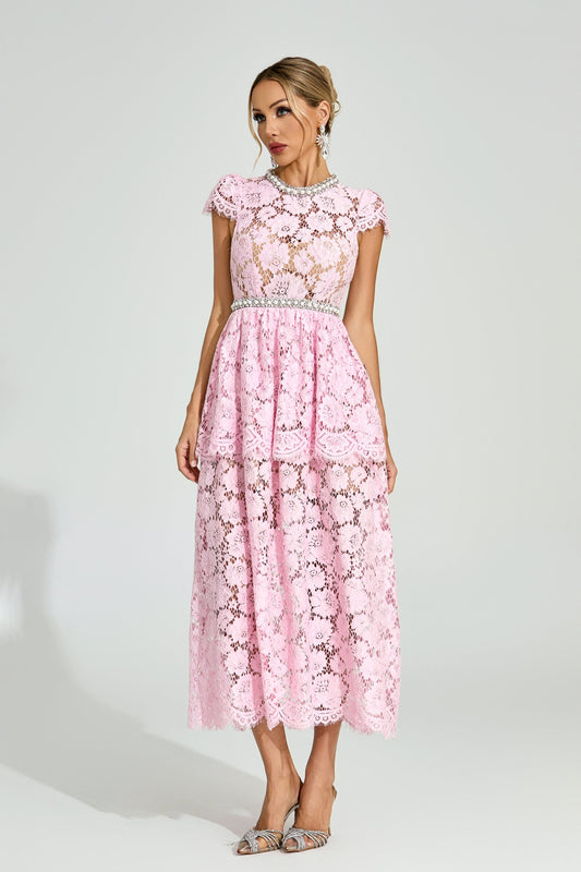 Lila Pink Lace Crystal Trim Midi Dress