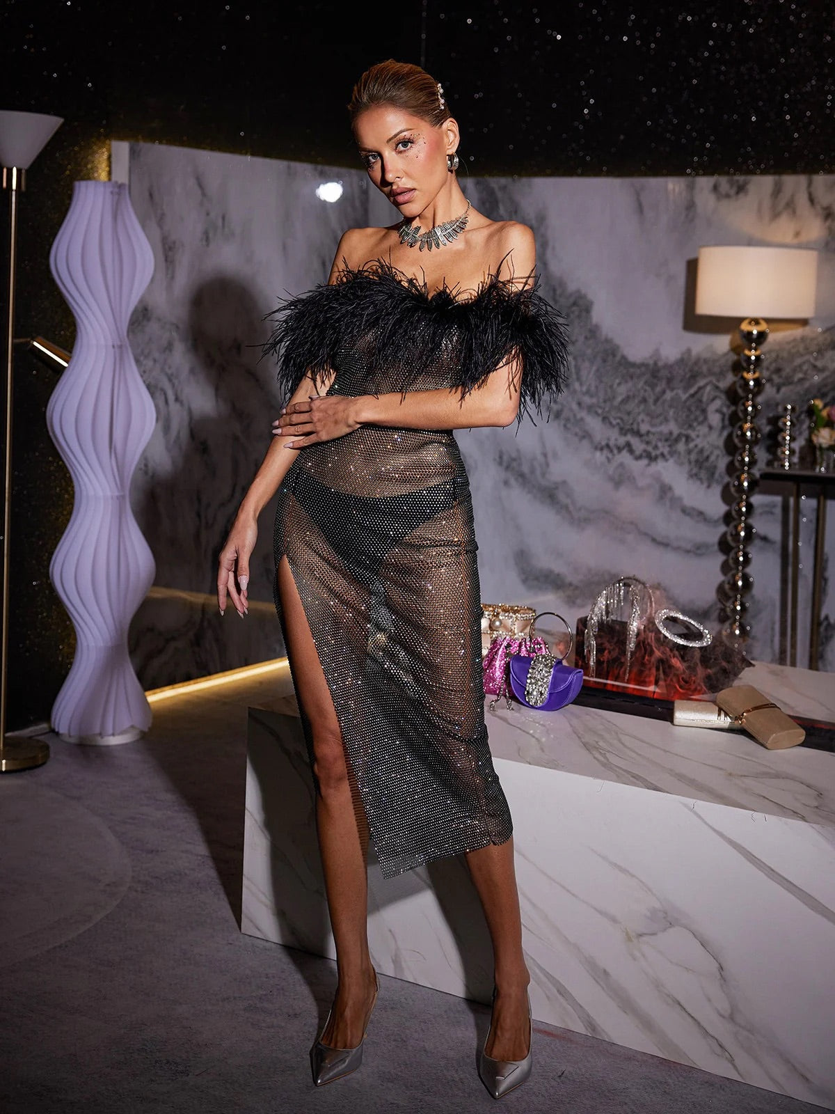 Myriam feather/ diamond midi dress