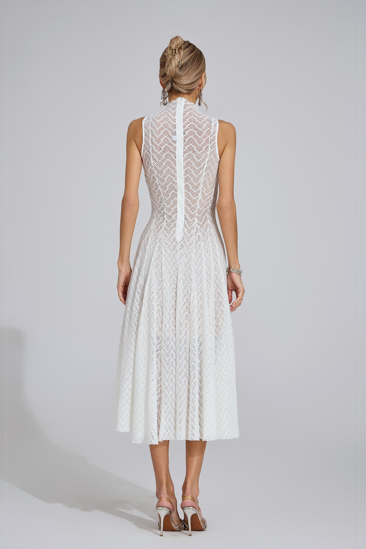 Elara High-Neck Lace Midi Dress
