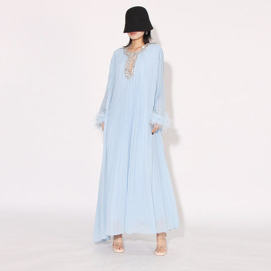 Crystal & feathers embellished blue maxi dress