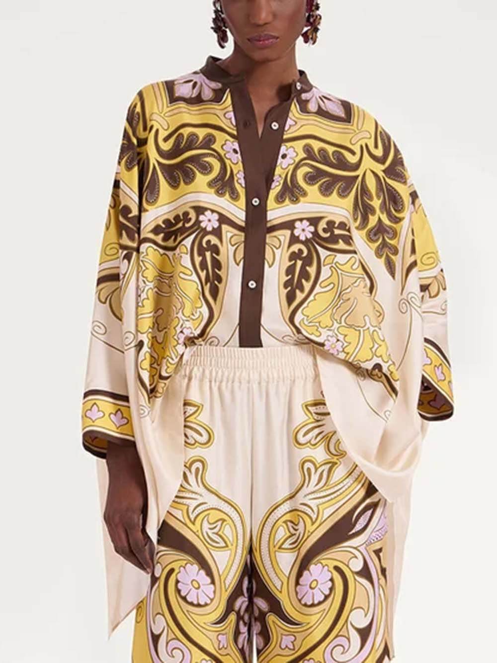Unique Irregular Print Oversized Button-Down Shirt Yellow