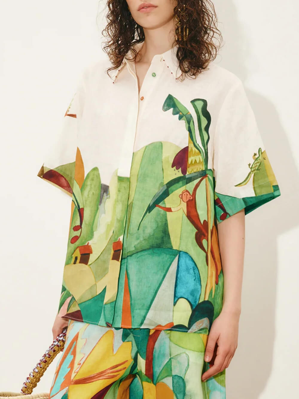 Unique Modern Linen Abstract Print Loose Wide-Leg Pants Multicolor Shirt