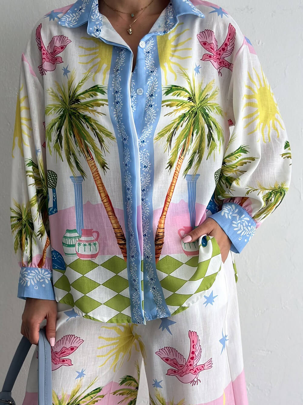 Unique Seaside Palm Tree Print Loose Button-Down Oversized Shirt Pink