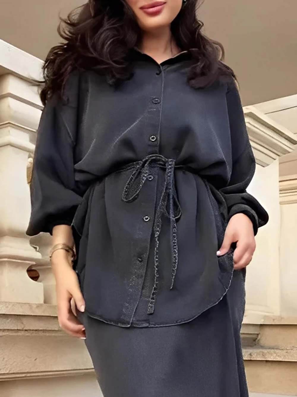 Fashion Casual Tie-Waist Loose Button-Up Top Black