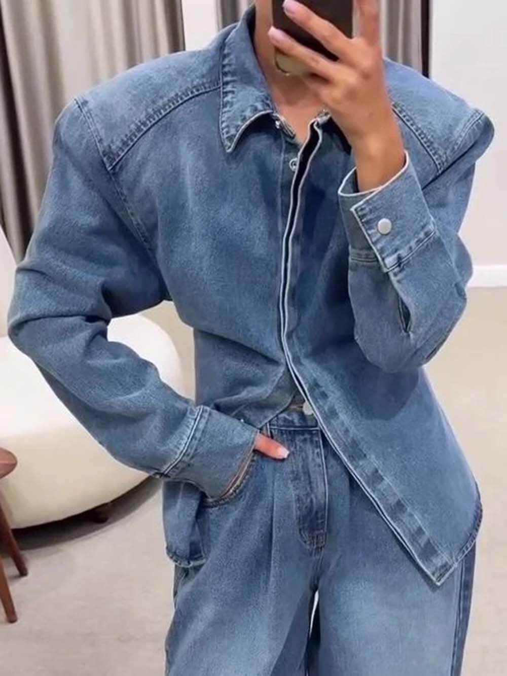 Fashionable Back-Belt Denim Casual Jacket Blue