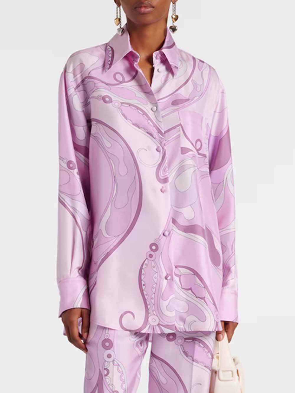 Exquisite Orchid Print Satin Twill Button-Down Oversized Shirt Pink