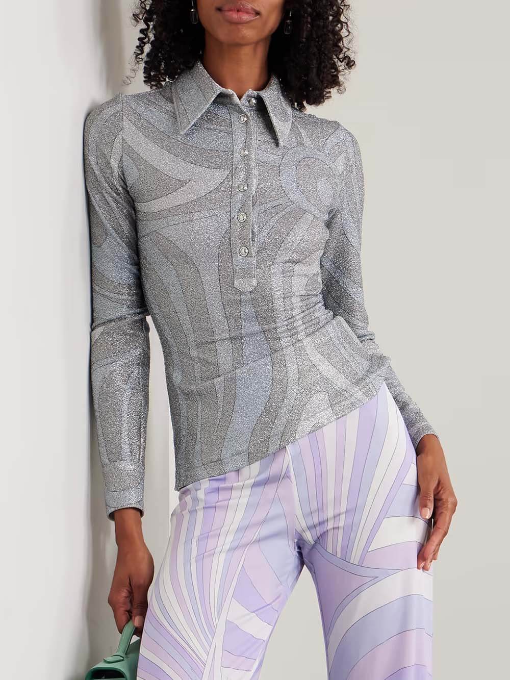 Unique Swirl Print Stretch Fitted Top Gray