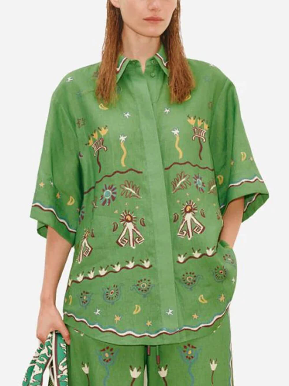 Unique Casual Sun Dancer Print Loose Button-Down Shirt Green Shirt