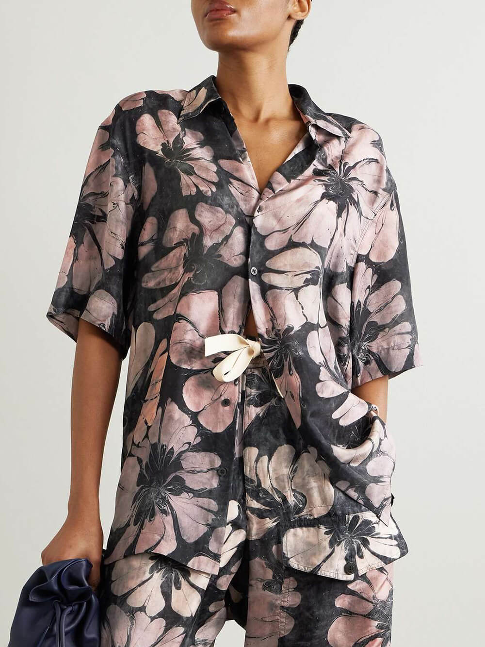 Unique Floral Print Satin Button-Down Loose-Fitting Shirt Purple