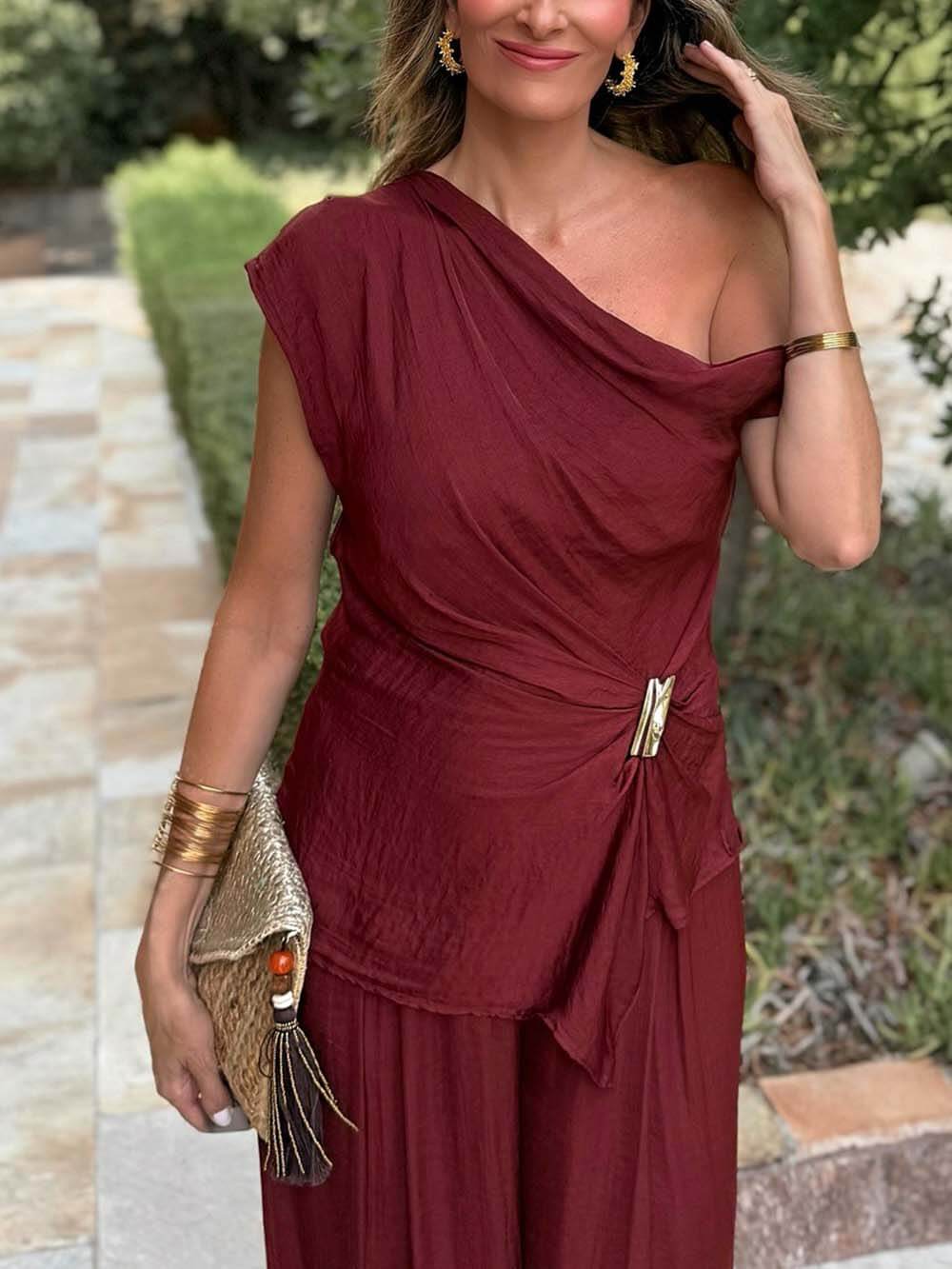 Unique Asymmetric Hem Metallic Accents Top Burgundy