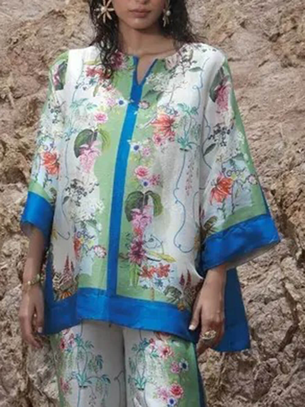 Modern Muse Unique Satin Floral Print Patchwork Oversized Shirt Multi-color