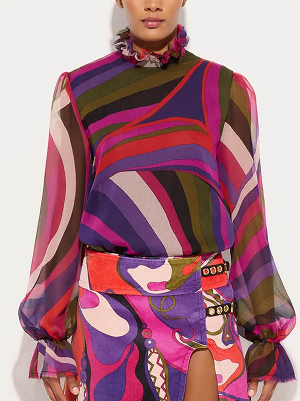 Unique Rainbow Print Lantern Sleeve Blouse Multicolor