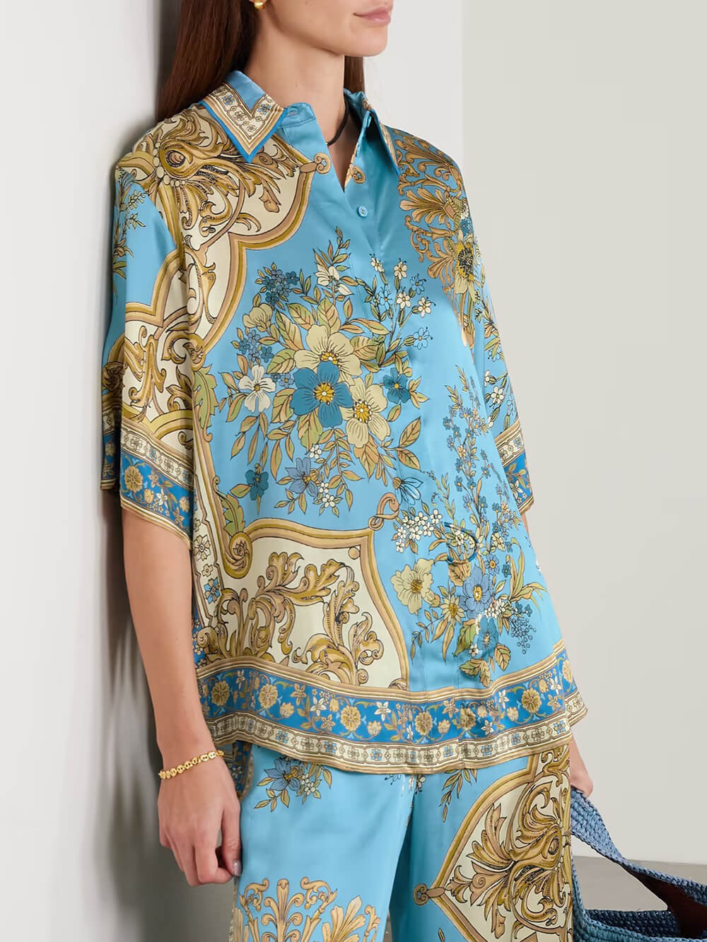 Unique Casual Floral Print Satin Loose Button-Up Shirt Blue