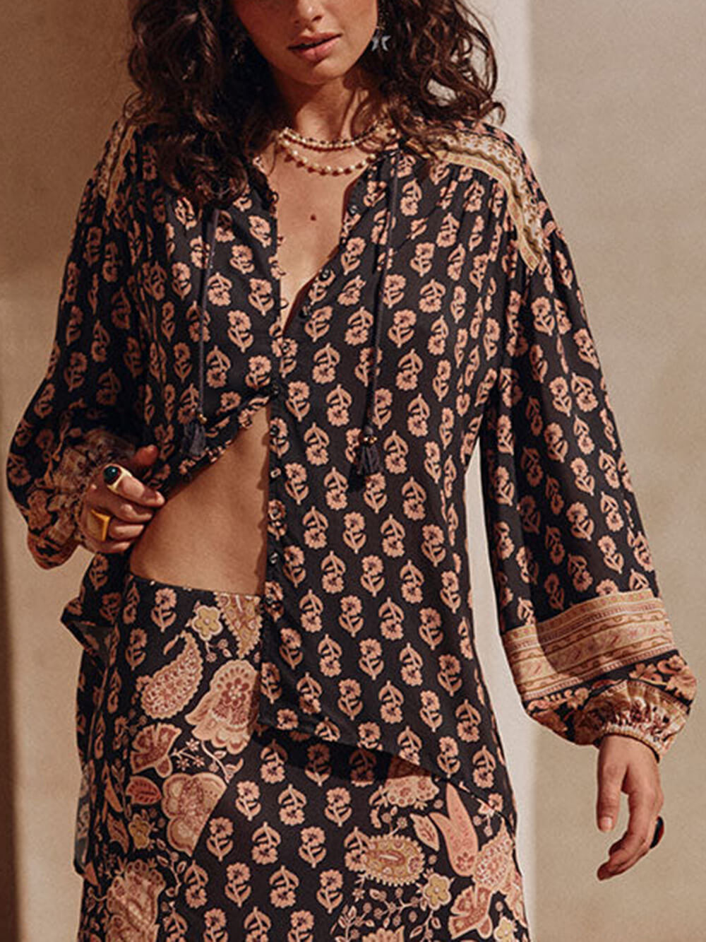 Boho Printed Draped Loose Maxi Skirt Multicolor Shirt