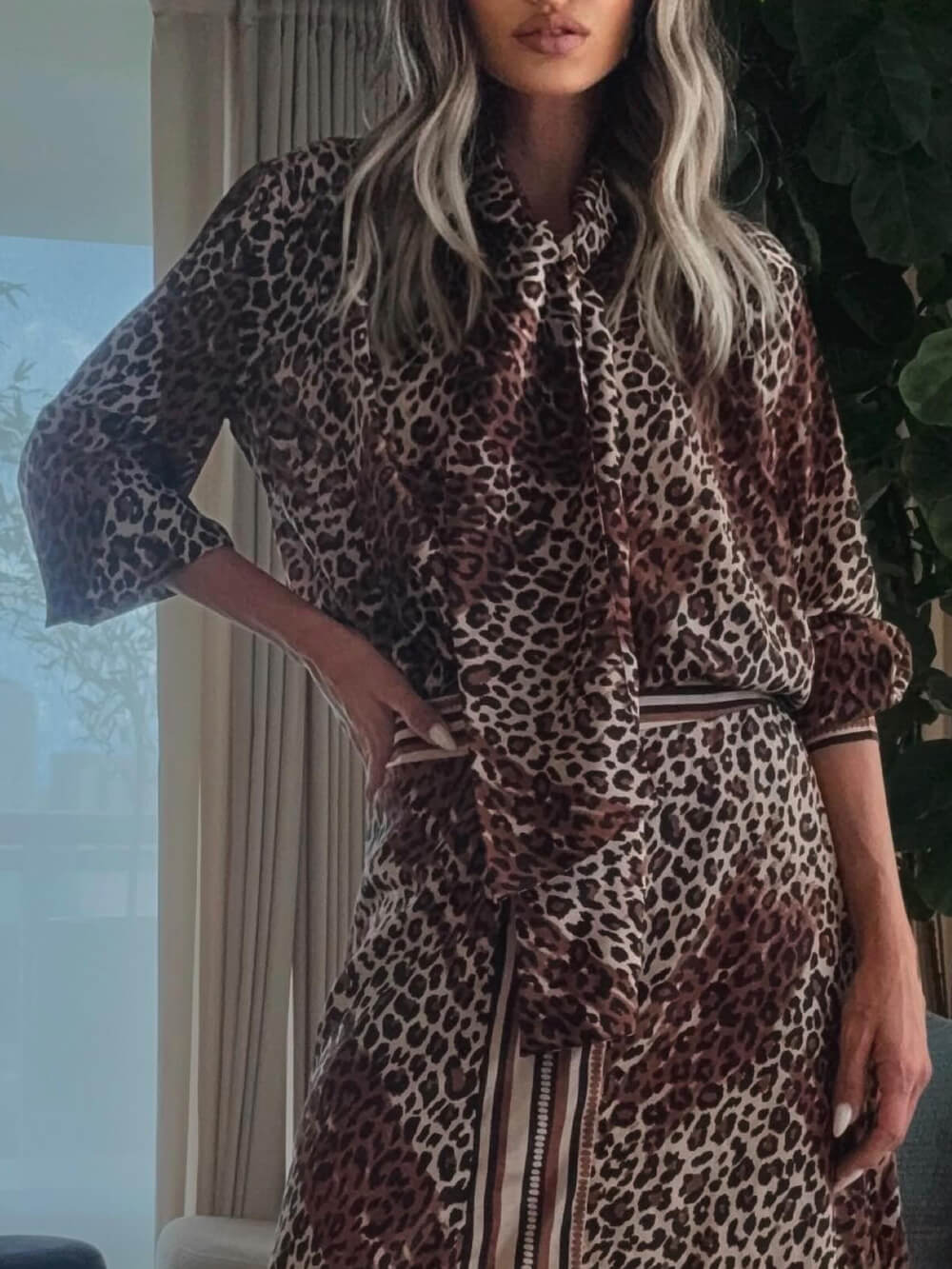 Retro Classic Leopard Print Patchwork Lace-Up Loose Shirt Leopard