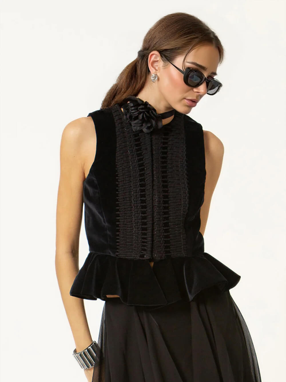 Retro Fashion Ruffled Sleeveless Vest Corduroy Drawstring Tapered Pants Set