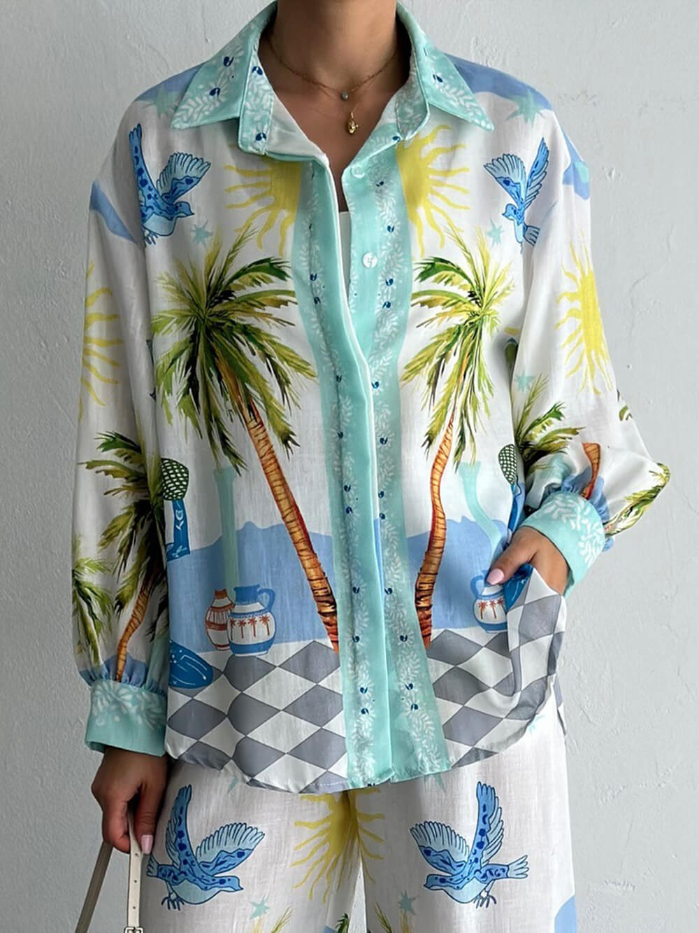 Unique Seaside Palm Tree Print Loose Button-Down Oversized Shirt Blue