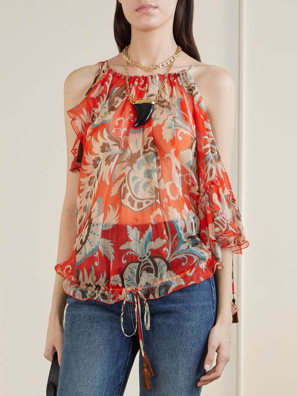 Modern Off-Shoulder Asymmetric Fringe Ruffle Printed Chiffon Blouse Orange