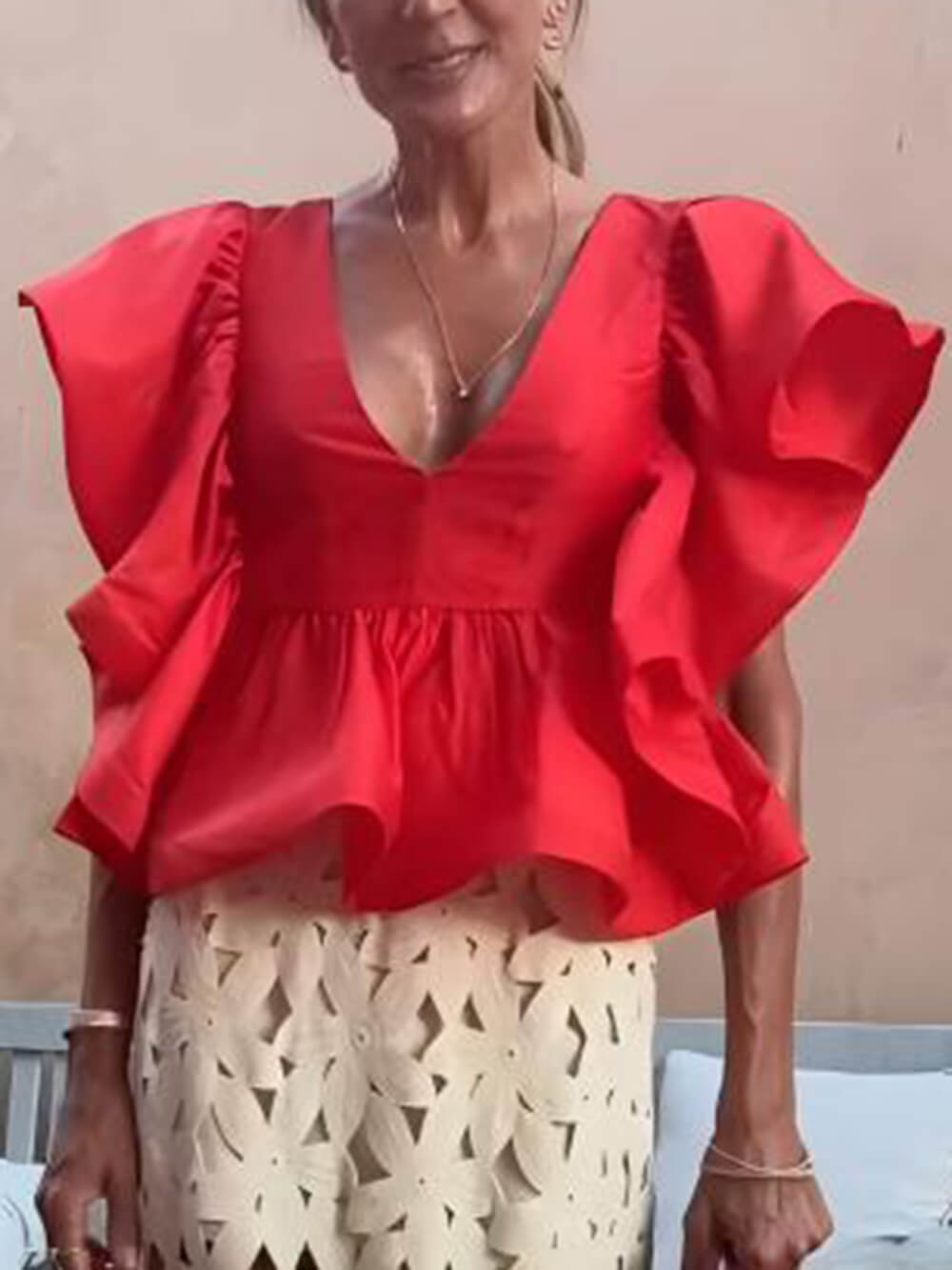 Exquisite Ruffled Panel Ruched Loose Top Red
