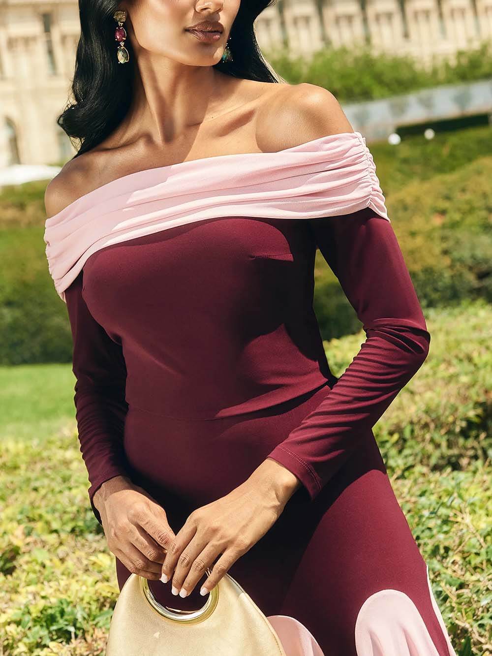 Elegant Layered Two-Tone Off-Shoulder Top Burgundy