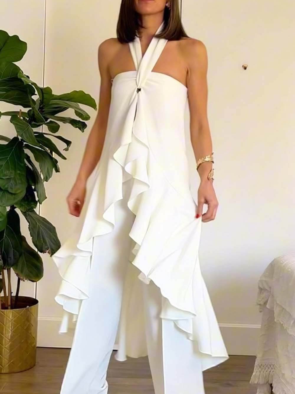 Casual Ruched Halterneck Backless Ruffle Top White