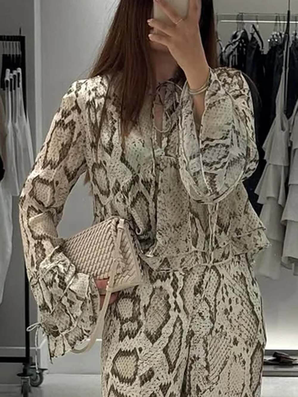Unique Snake Print Tie-Up Long Sleeve Shirt Multicolor