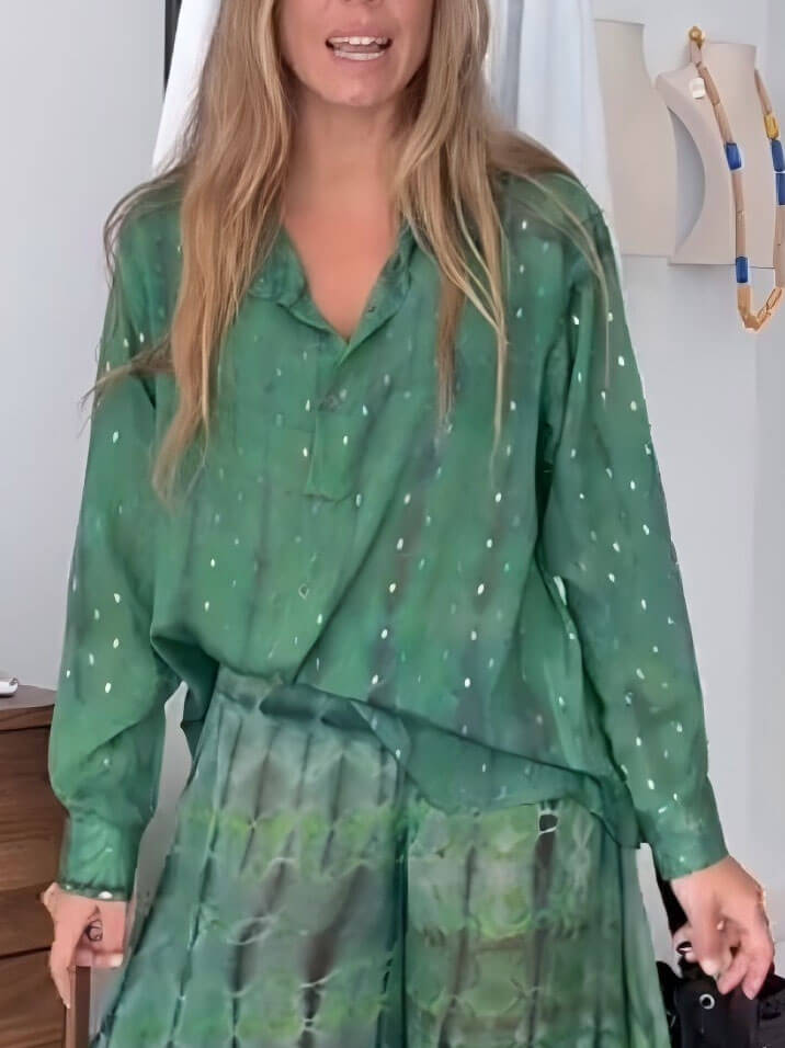 Unique Floral Print Chiffon Loose Button-Up Top Green
