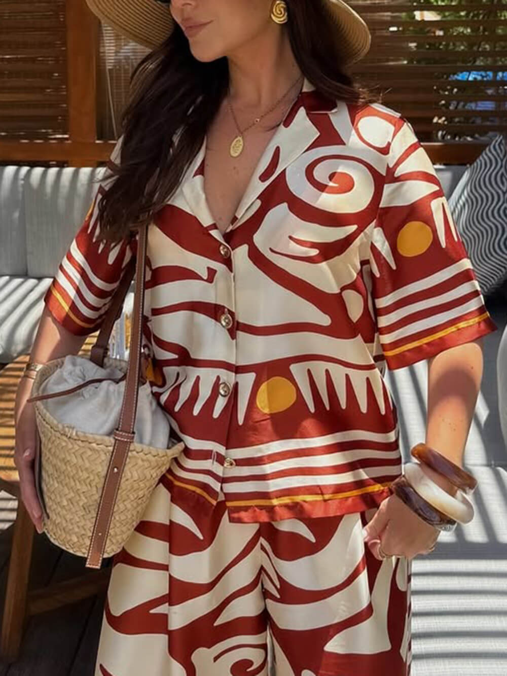 Unique Printed Lapel Satin Loose Shirt Orange
