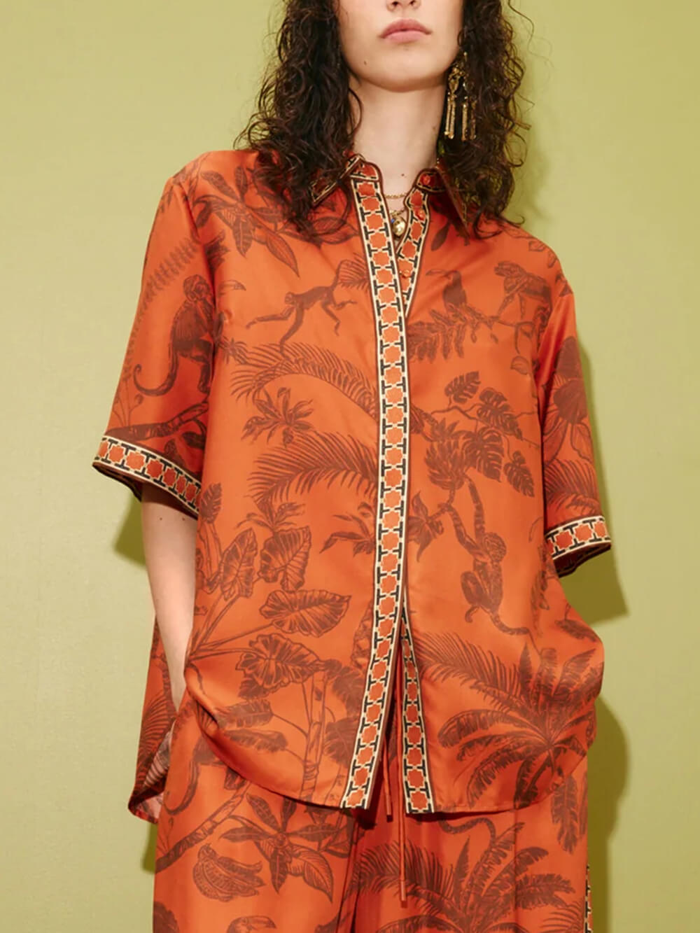 Unique Animal Print Satin Elastic Waist Side Seam Pocket Wide-Leg Pants Orange Shirt