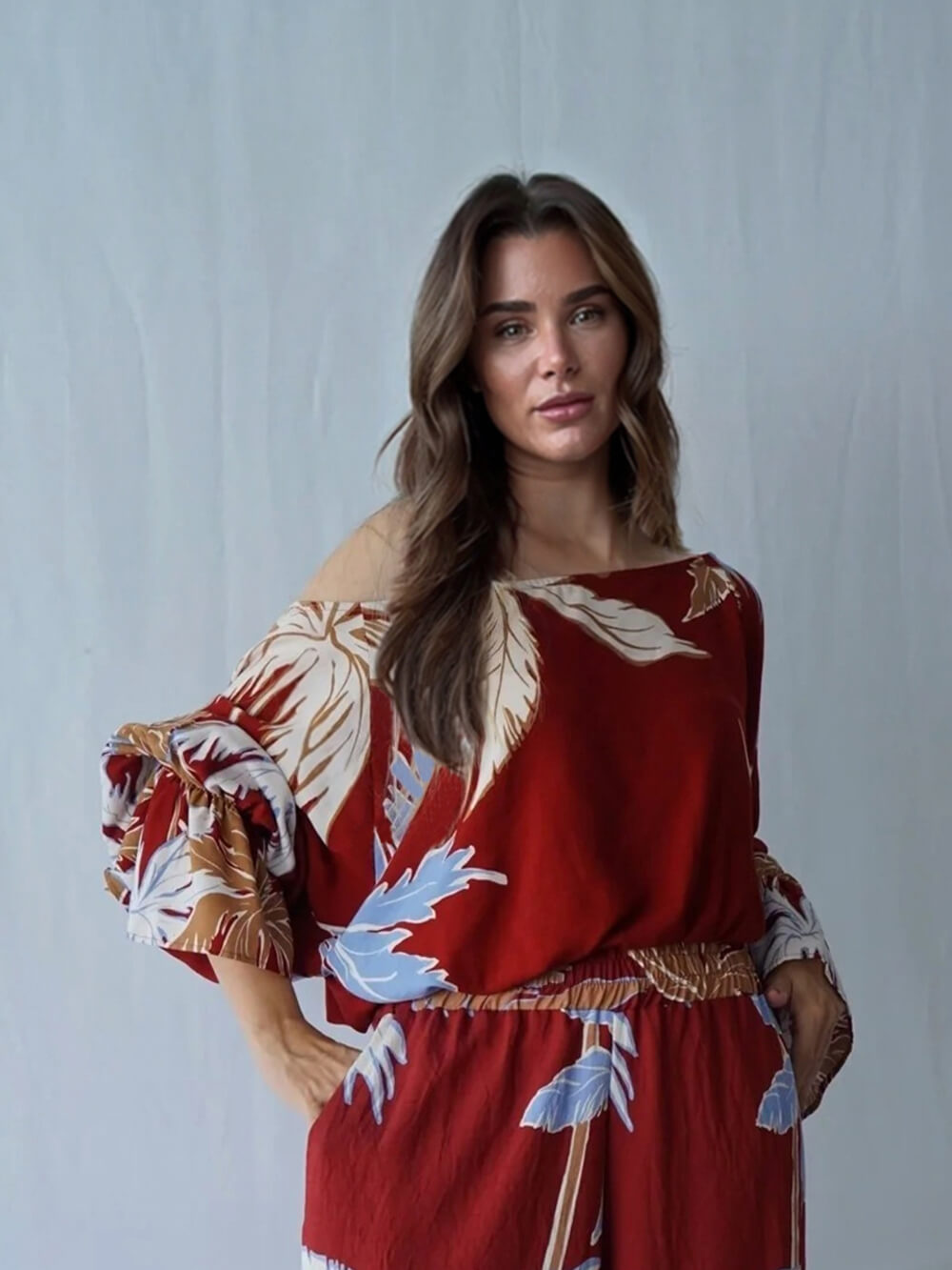 Fashion Casual Tropical Palm Tree Print Off-Shoulder Top Multicolor