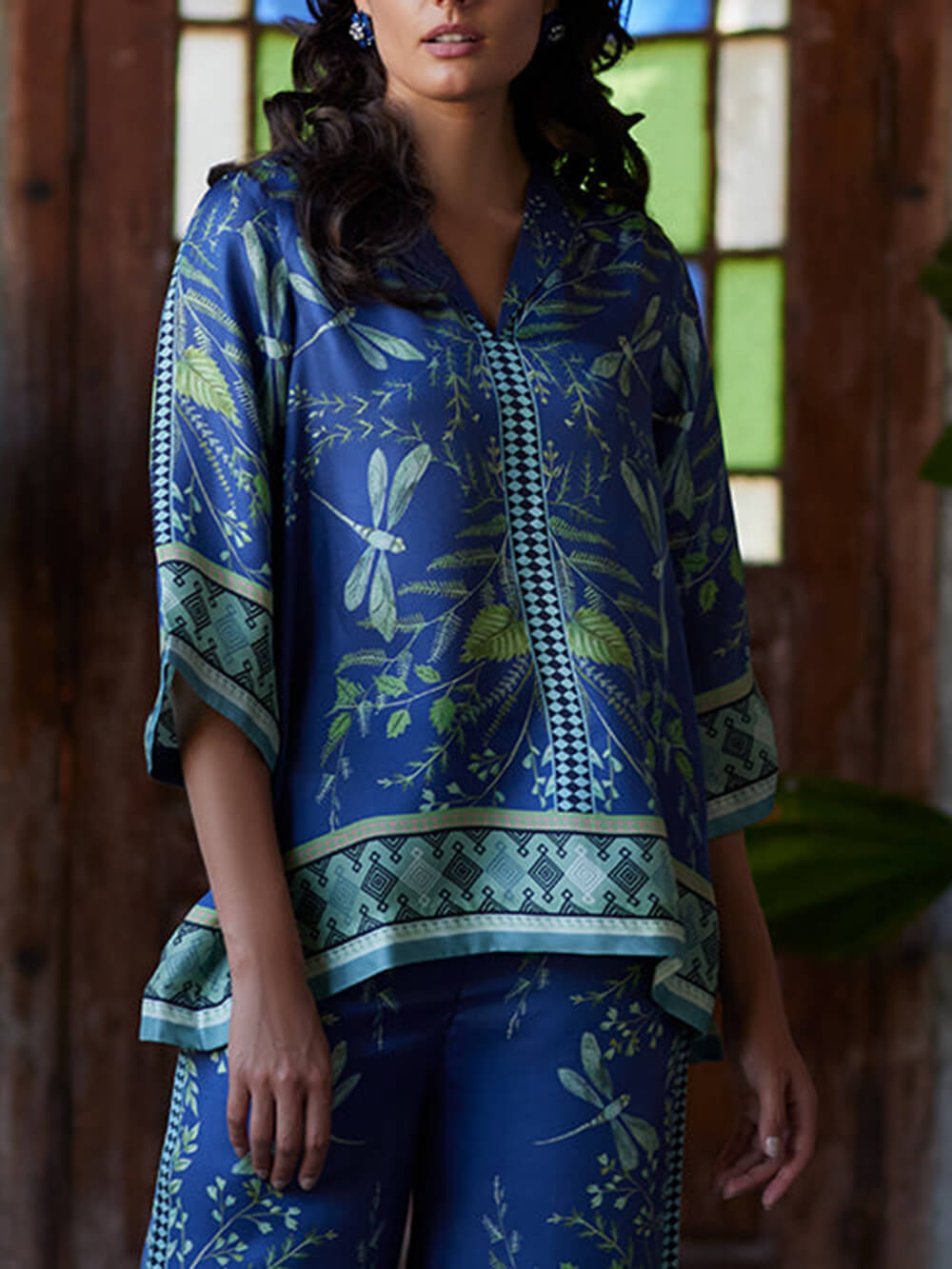 Ocean Elegance Botanical Print Loose Shirt Blue