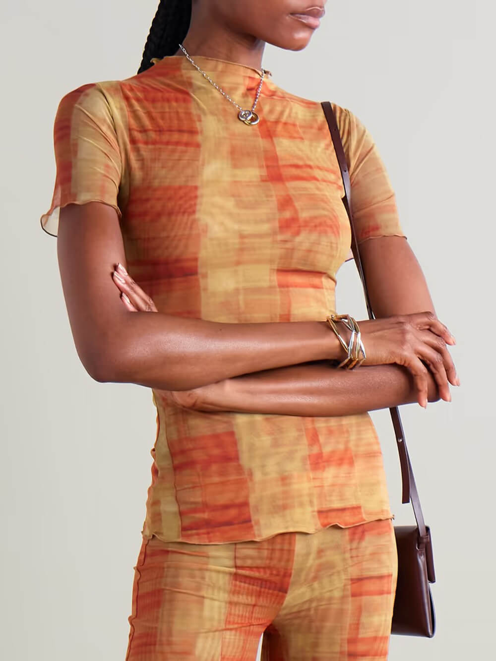 Unique Ruched Plaid Print Stretch Mesh T-Shirt Orange