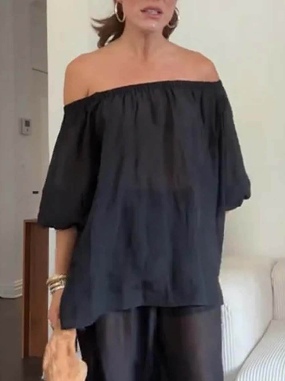 Casual Chiffon Off Shoulder Balloon Sleeve Top Black