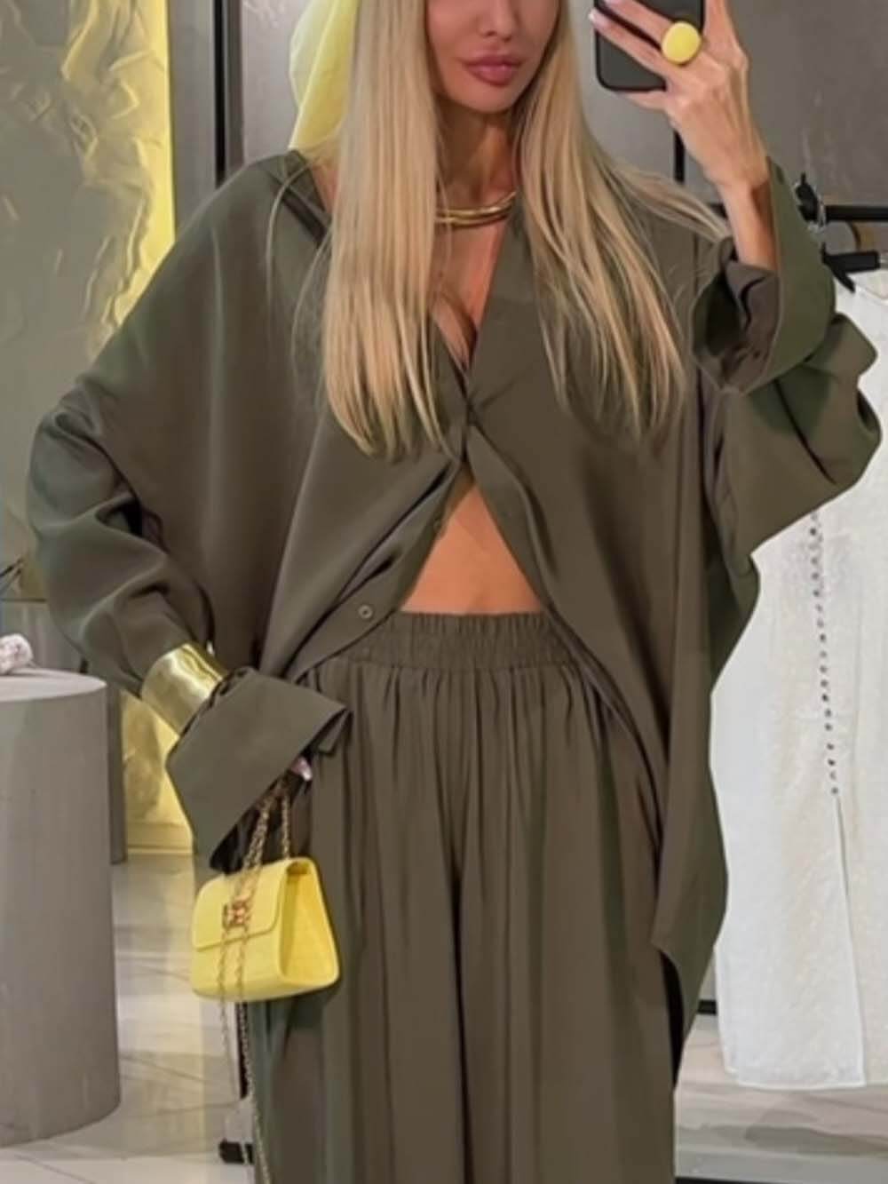Unique Asymmetric Loose Button-Up Shirt Army Green