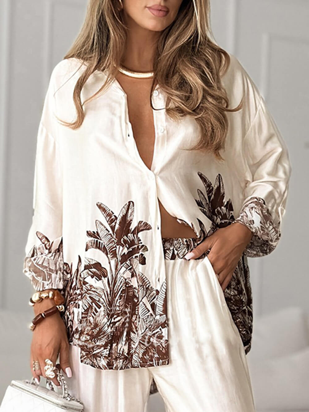 Casual Stand-Collar Floral Print Loose Blouse White