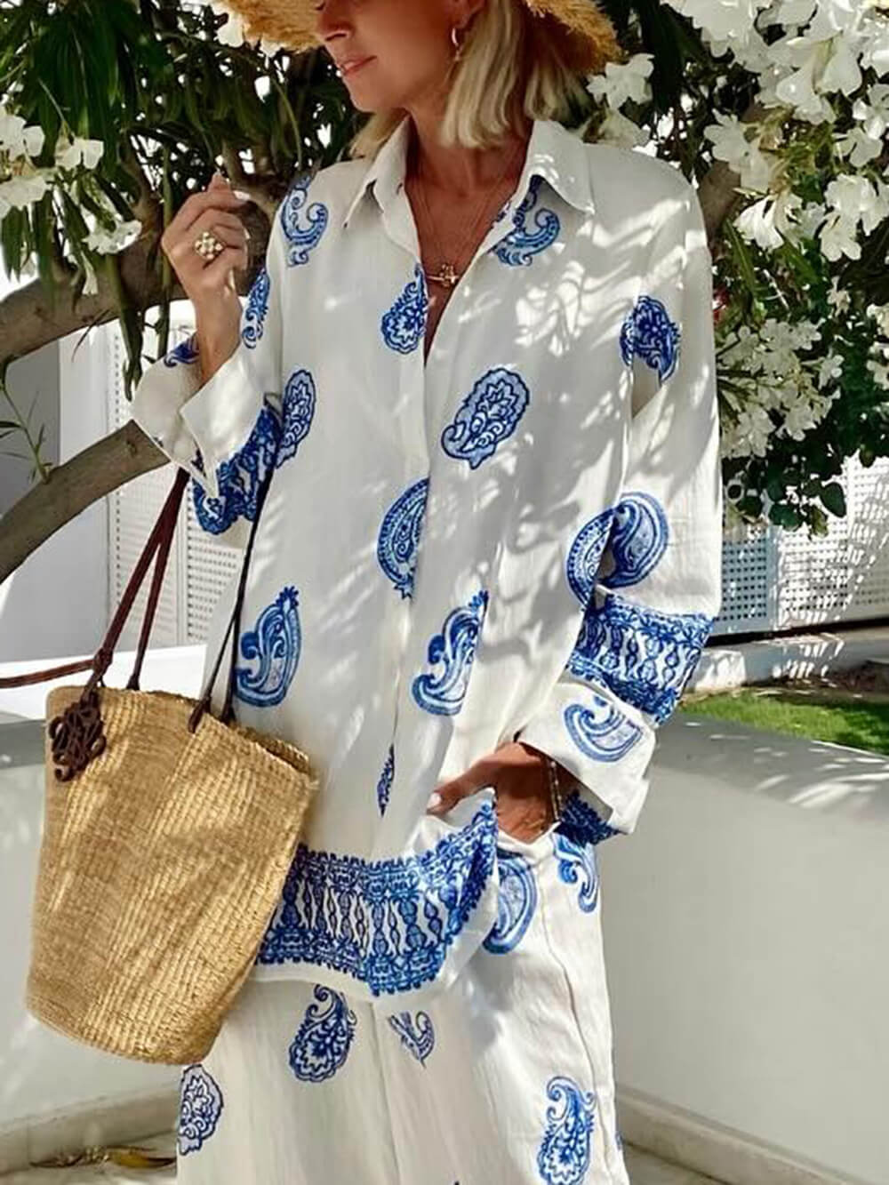 Unique Ethnic Pattern Print Oversized Button-Up Shirt Blue