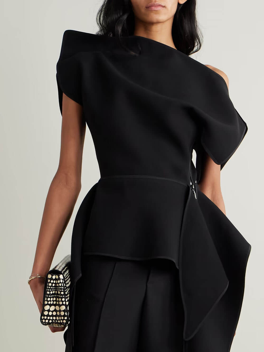 Unique Asymmetrical Ruffled Crepe Peplum Top Black
