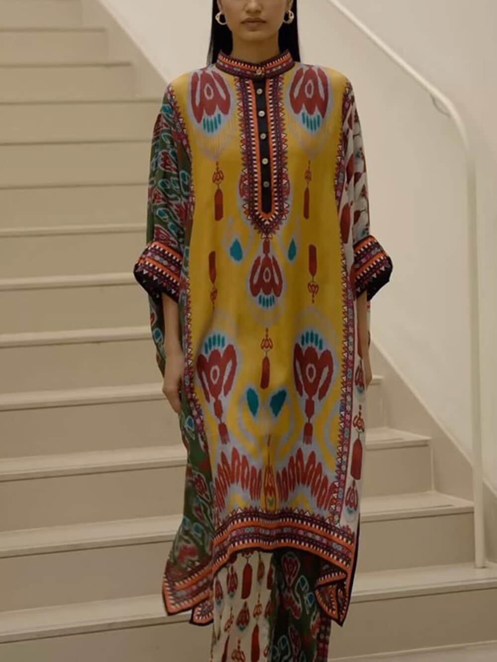 Retro Casual Patchwork Floral Print Loose Midi Shirt Multicolor