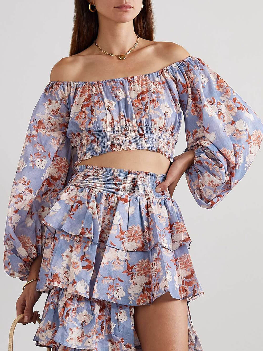 Unique Off-Shoulder Cropped Floral Bali Top Blue