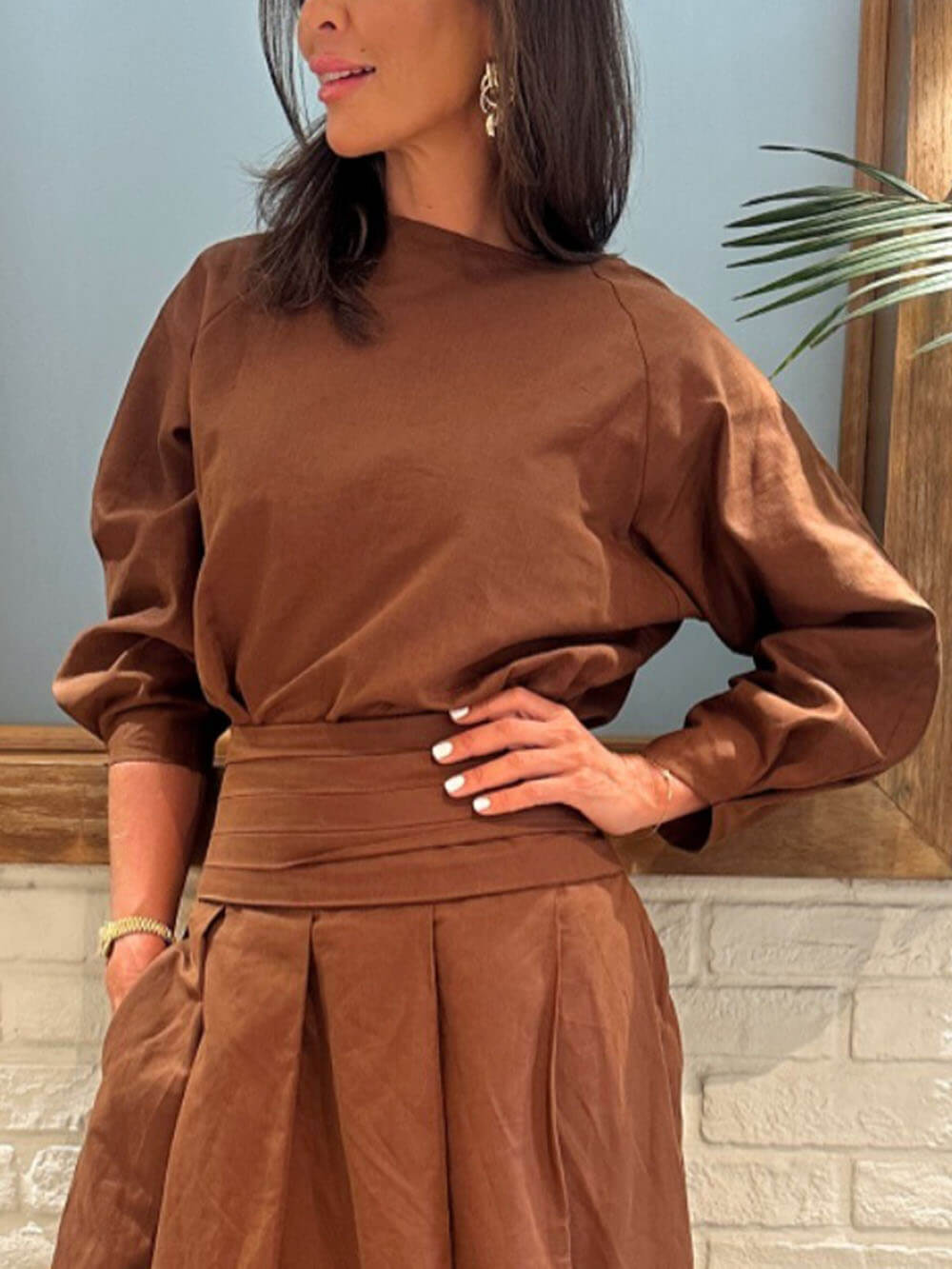 Retro Linen Drop-Shoulder Oversized Top Brown