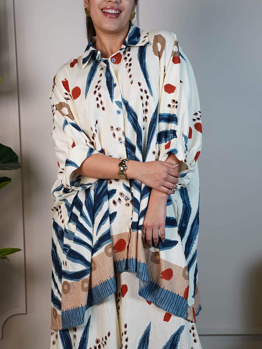 Unique Drop Shoulder Sleeve Printed Loose Oversized Button-Up Shirt Blue
