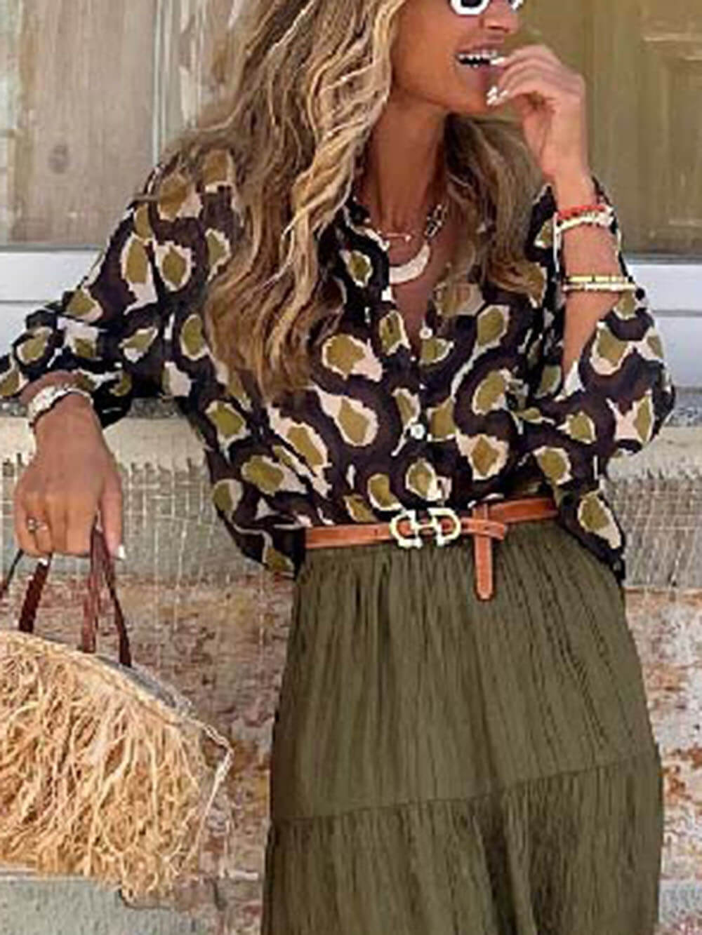 Fashion Casual Printed Shirt Top Brown