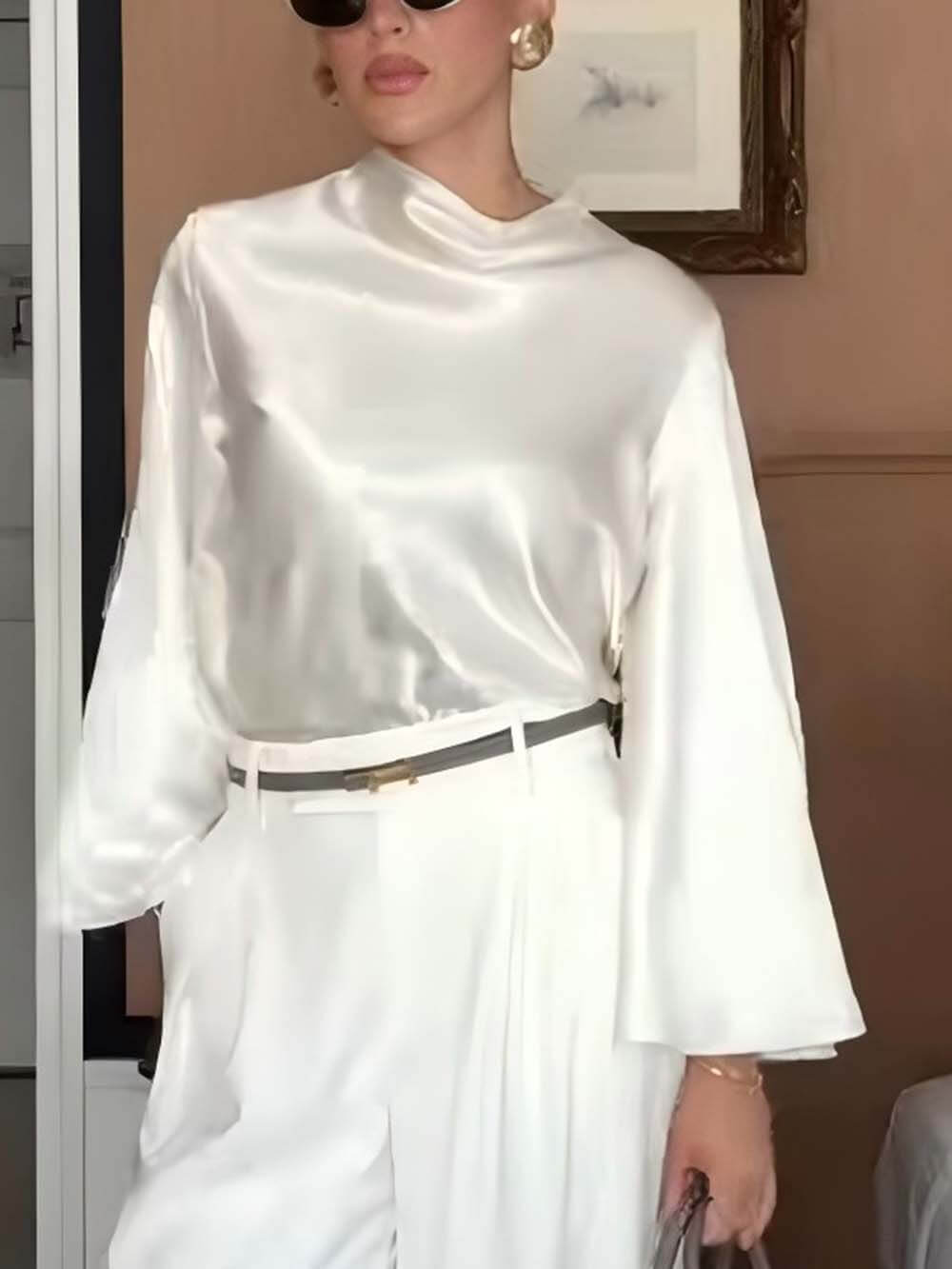 Exquisite Bell Sleeve Minimalist Satin Top White