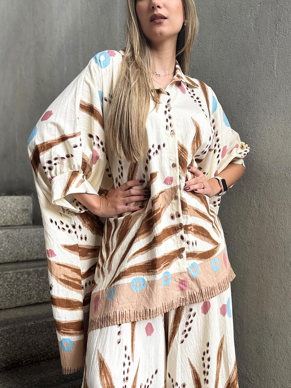 Unique Bohe Print Colorblock Drop Shoulder Sleeve Loose Fit Oversized Button Shirt Multicolor