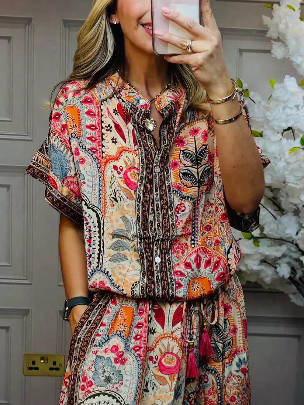 Boho Printed Fringe-Accented Loose Blouse Red