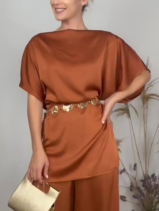 Elegant Pleated Satin High-Waisted Wide-Leg Pants