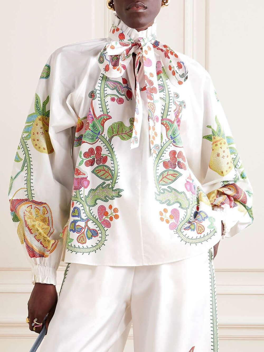Unique Bow Tie Neck Floral Satin Ruffle Loose Blouse White