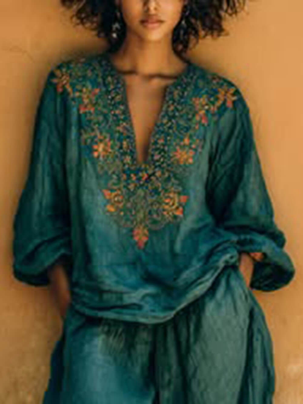 Boho Print Cotton Linen V-Neck Loose Shirt Green