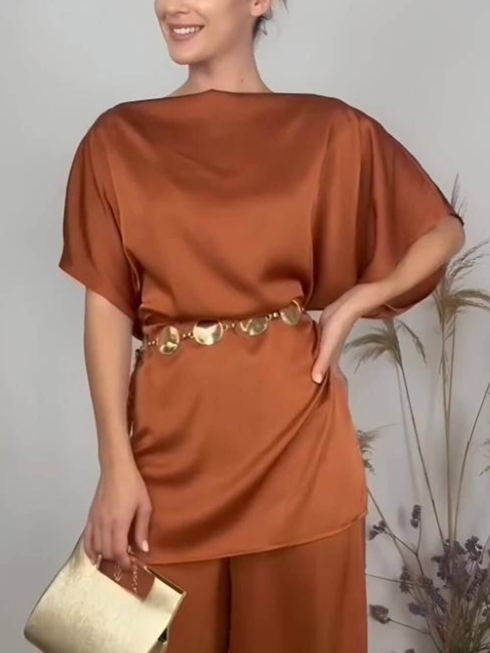 Elegant Asymmetric Neckline Off-Shoulder Loose Top Brick Red