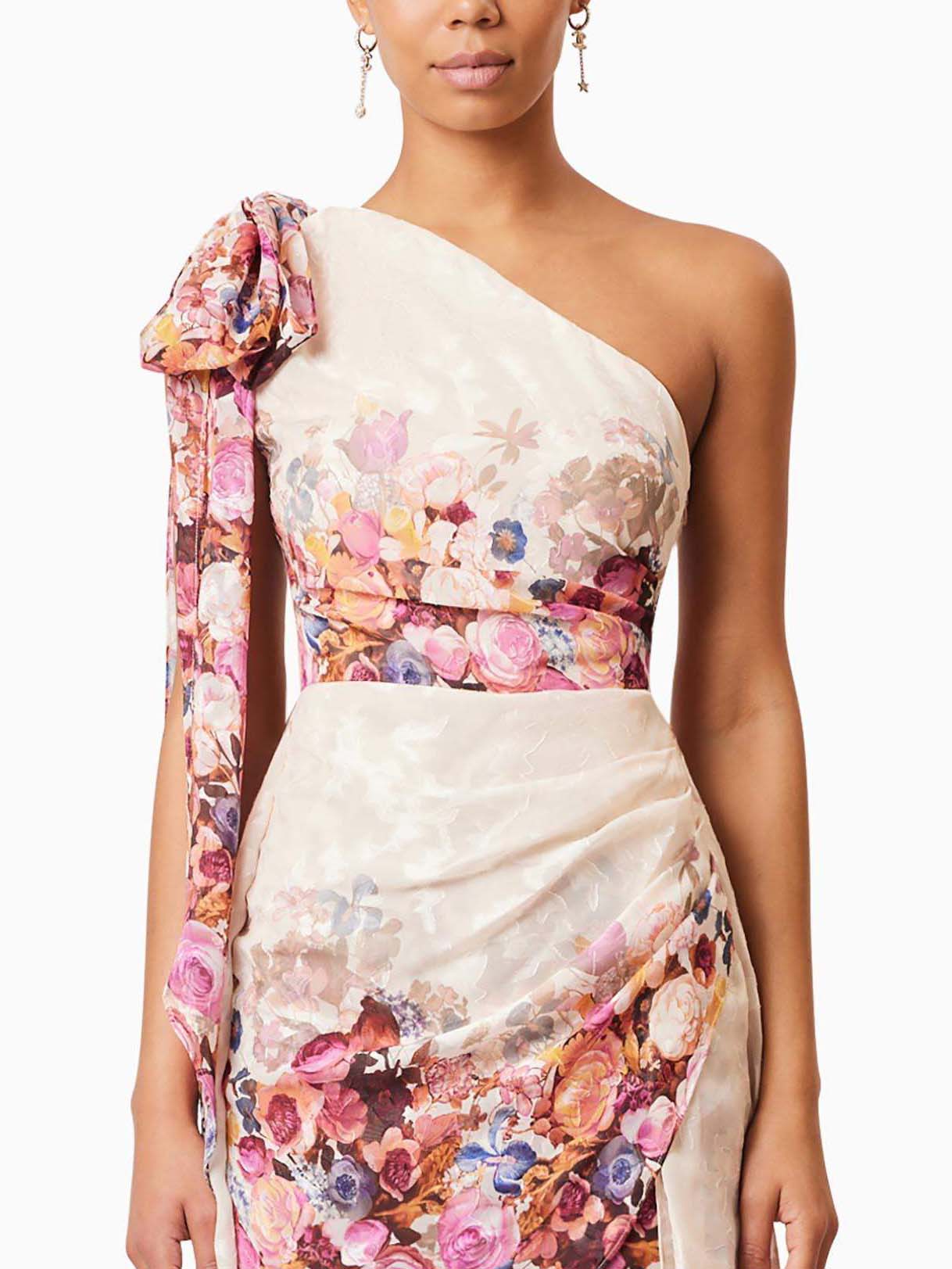 Elegant One-shoulder Bow Sleeve Floral Print Draped Top Cream